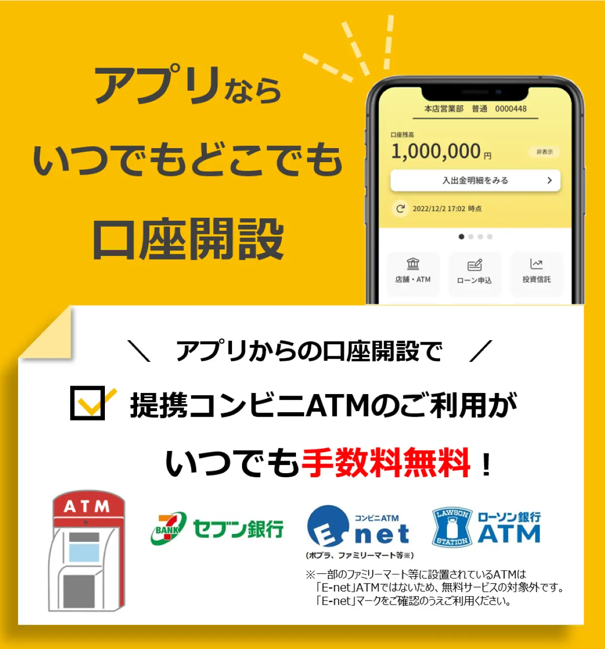 アプリからの口座開設で、提携コンビニATM（セブン銀行・E-net・ローソン銀行）のご利用が月3回まで手数料無料