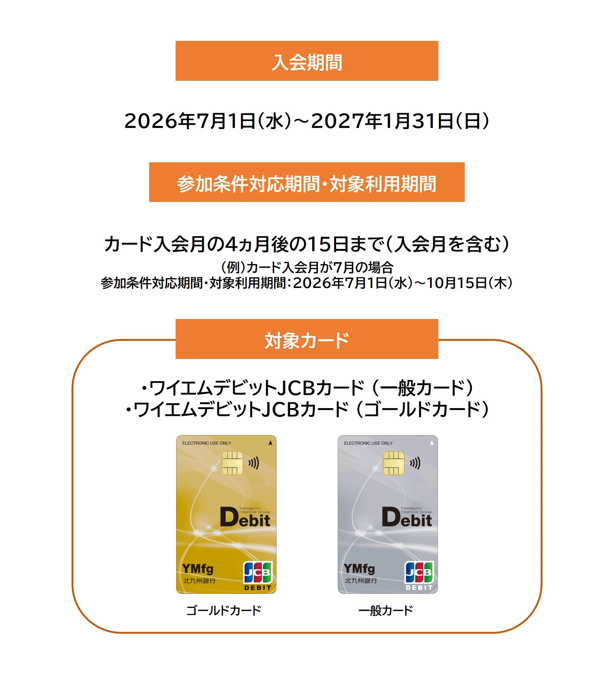 JCBデビットカード新規入会者限定キャッシュバックキャンペーンの対象期間および対象カード券種 
